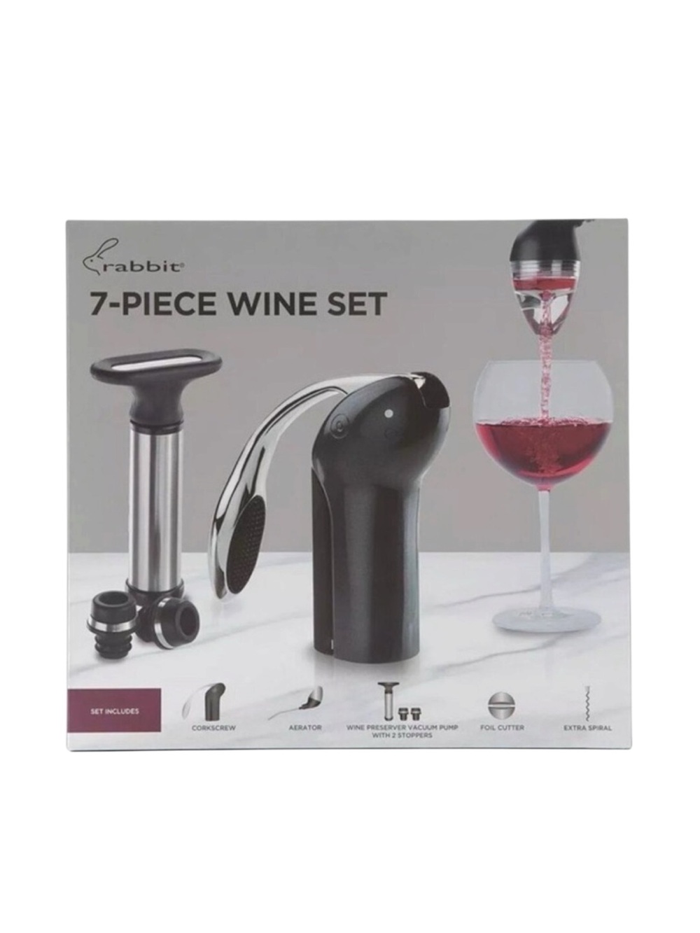 Rabbit 7-Piece Wine Bar Gift Set Manual Corkscrew Vacuum Pump Foil Cutter NIB